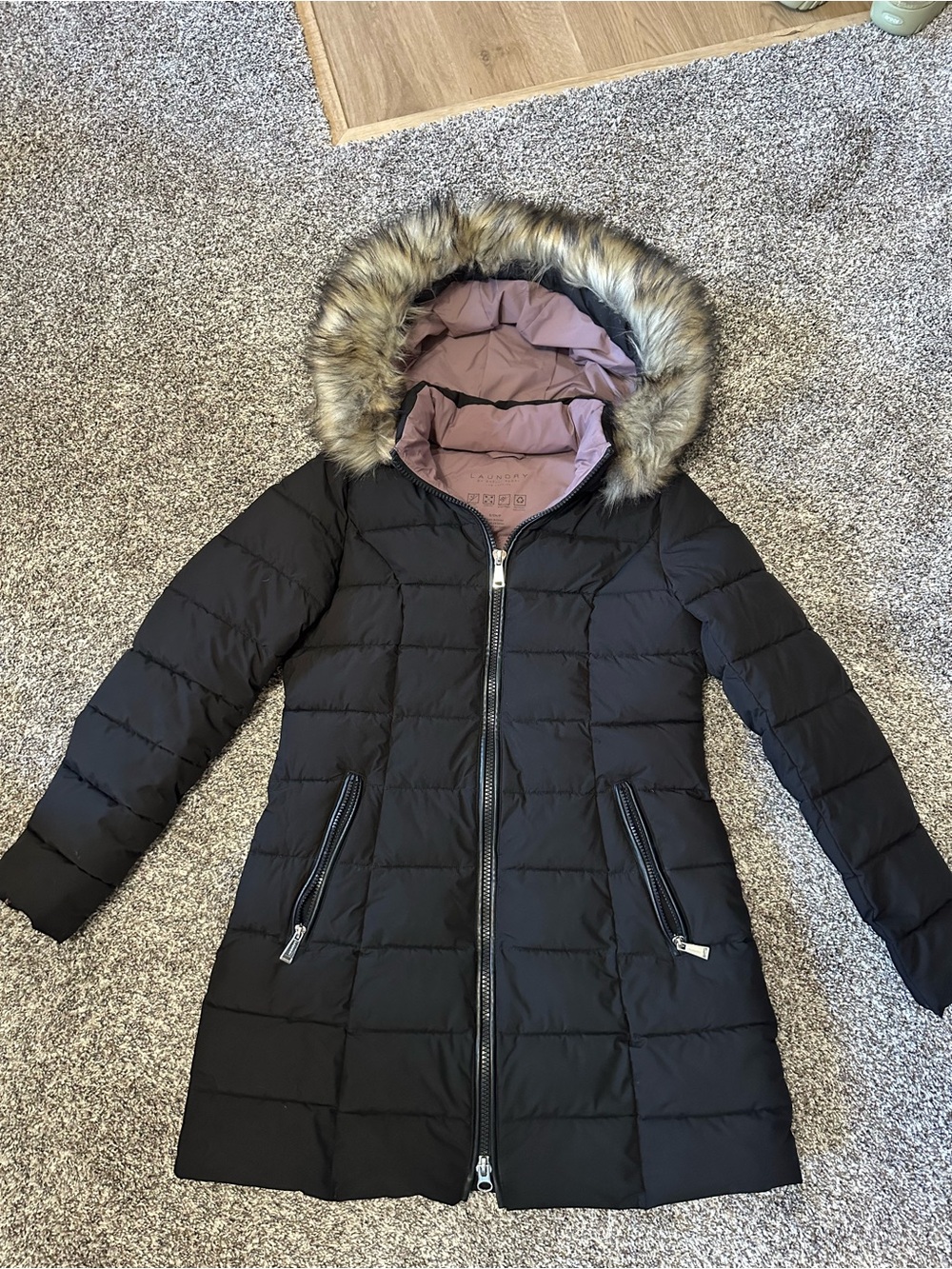 Laundry Black Puffer Coat with Faux Fur Hood